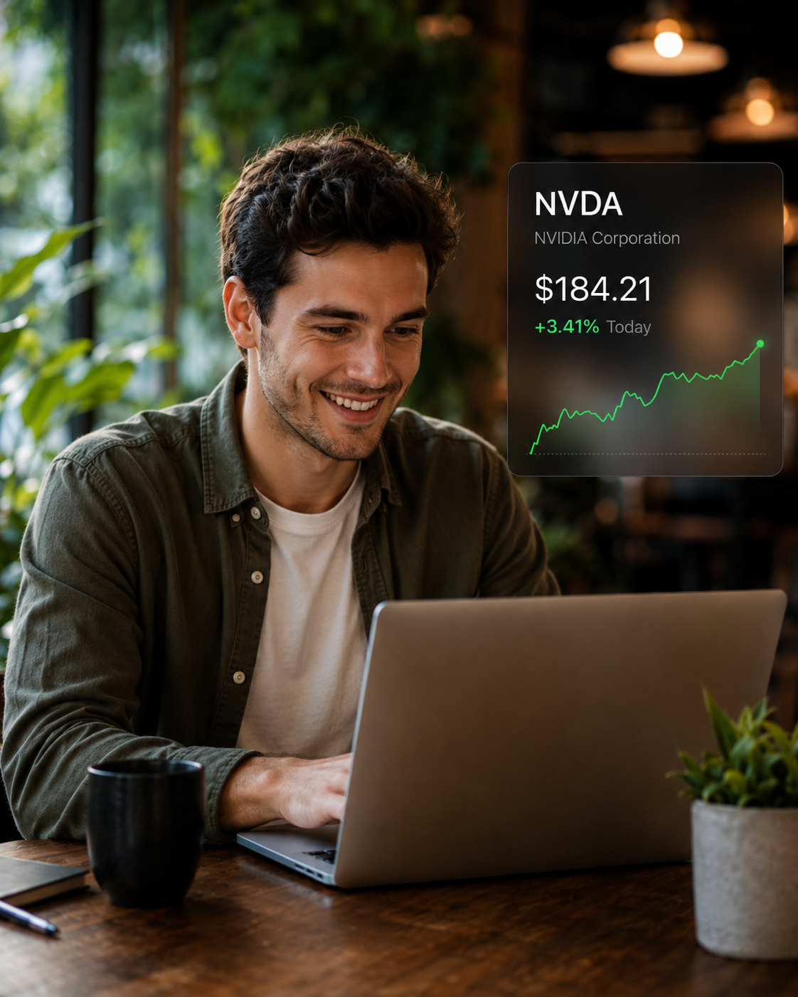 David studying an upward NVIDIA stock chart on his laptop